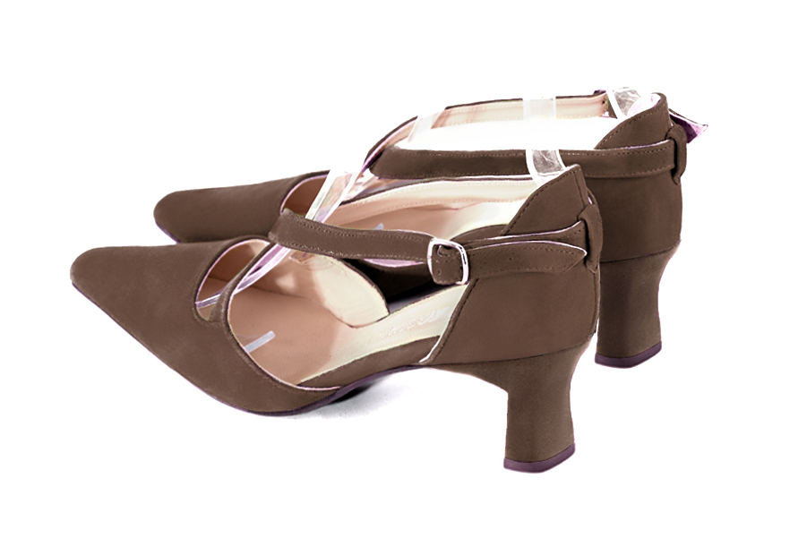 Women's chocolate brown open side dress shoes, with crossed straps. Tapered toe. Medium spool heels - Rear view